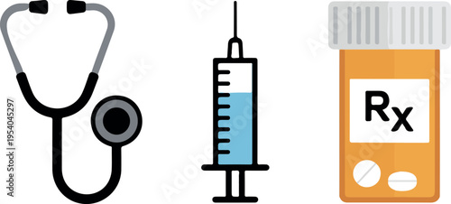 Medical icons set featuring stethoscope syringe with blue liquid and prescription pill bottle with Rx label on black background
