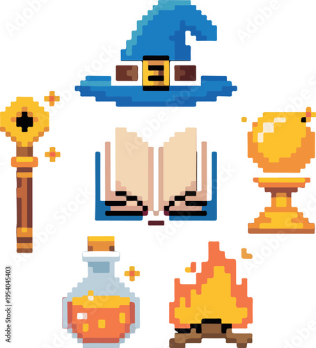 Pixel art fantasy icons set featuring wizard hat crystal ball magic wand flaming staff potion bottle and spellbook on black background
