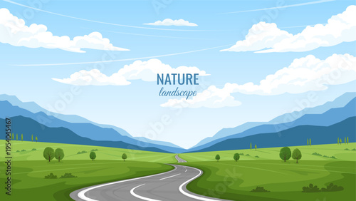 Winding road through green hills and valley. Summer natural landscape with blue cloudy sky. Vector illustration in flat style.