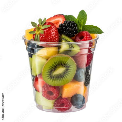 Colorful fruit mix in clear plastic cup fruit salad