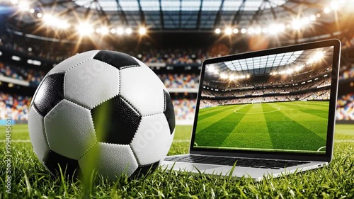 Soccer ball and laptop depicting stadium create sports concept