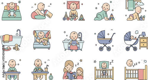 Cute Baby Daily Life Vector Set with Feeding, Bathing, Playing, Sleeping, Stroller Walk, Reading, and Parenting Activities for Kids Illustration Design.