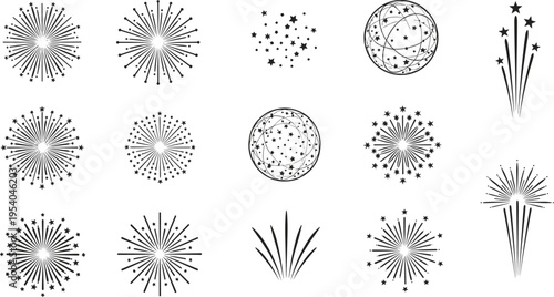 Black and white firework starburst vector silhouettes collection featuring festive celebration explosions, sparkler icons, and decorative cosmic celestial light bursts.