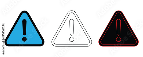 Warning icon set in flat design. Caution and alert triangle sign. Danger and hazard symbol