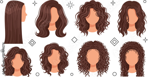 Women curly and wavy hairstyle collection vector illustration with different brown hair styles modern beauty avatar set