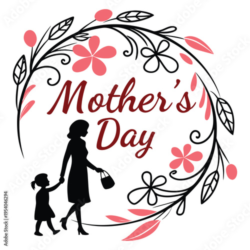 Mother and Child Silhouette Floral Wreath Mother's Day Art