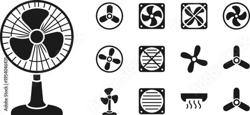 Collection of fan and ventilation system icons including pedestal fan, ceiling fan, exhaust fan, cooling fan, air vent designs for household appliances and HVAC illustration
