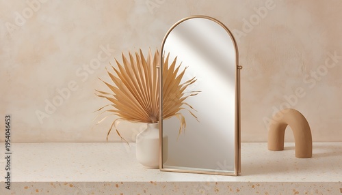 Modern Arched Gold Metal Tabletop Mirror With Slim Frame Standing on Terrazzo Surface Beside Dried Palm Leaf in White Ceramic Vase and Minimalist Beige Arch Sculpture