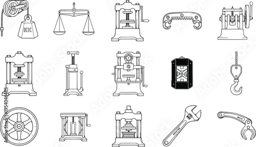 Collection of mechanical engineering tools and industrial devices including pulleys, presses, clamps, wrenches, gears, and hydraulic equipment in black-and-white technical line drawings illustration