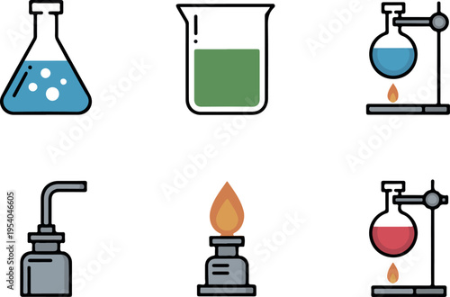 Laboratory equipment icons set featuring beakers flasks with colorful liquids gas burners and heating apparatus on dark background for science design