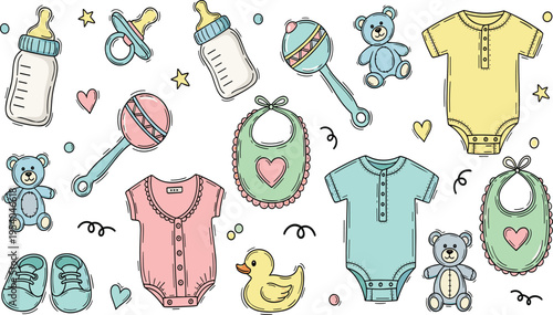 Cute Baby Essentials Hand Drawn Vector Set with Bottles, Pacifiers, Rattles, Clothes, Bibs, Teddy Bears, and Toys for Nursery Design.