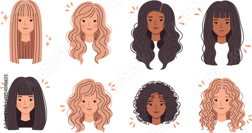Women diverse hairstyles collection vector illustration with curly wavy and straight hair modern beauty avatar set inclusive fashion design