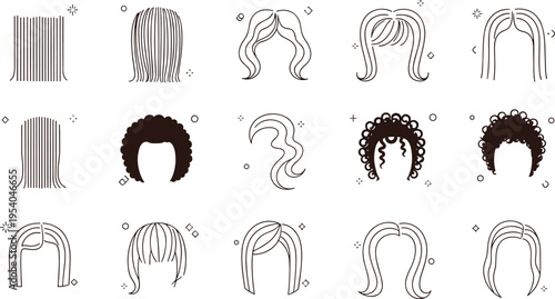 Women hairstyle outline icon set with straight wavy and curly hair styles minimal vector collection for beauty and fashion design