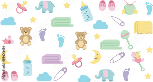 Cute Baby Essentials Icons Vector Set with Pacifier, Bottle, Teddy Bear, Shoes, Blanket, Safety Pin, Toys, and Nursery Elements for Kids Design.