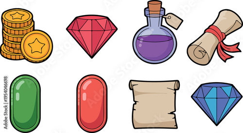 Fantasy game asset icons set with gold coins gems potion scrolls and colorful UI buttons isolated on black background