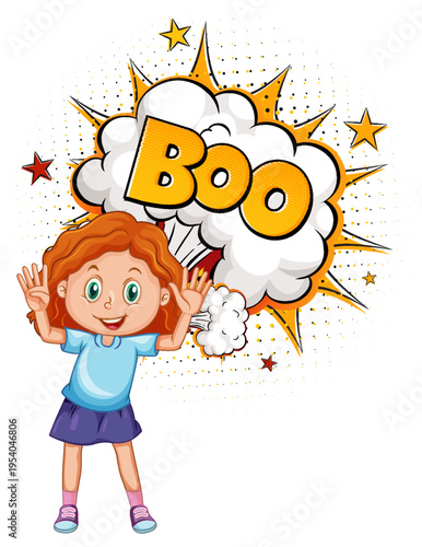 A cartoon girl with red hair and a blue shirt is startled and excitedly saying Boo.