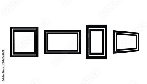 A set of four black picture frames in different orientations and shapes