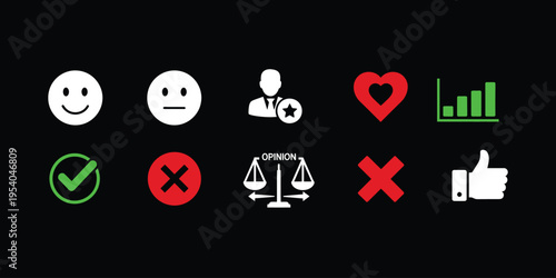 A collection of 9 emoticon and symbol icons in white red and green on a black background