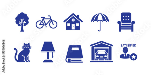 Collection of everyday life icons in blue