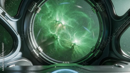 Spaceship cockpit view of green nebula galaxy for exploration and technology