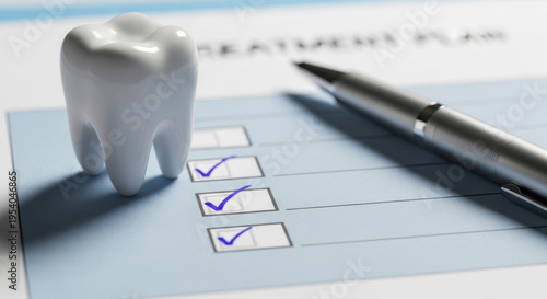 Close-up of a Dental Treatment Plan Featuring a Model Tooth, Checklist, and Pen, Symbolizing Dental Health Assessments Perfect for a Design Background Concept