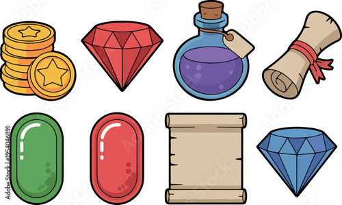 Fantasy game asset icons set with gold coins gems potion scrolls and colorful UI buttons isolated on black background