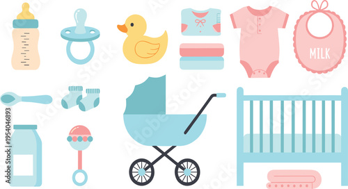 Cute Baby Essentials Vector Set with Bottle, Pacifier, Stroller, Crib, Clothes, Bib, Duck Toy, and Nursery Accessories for Kids Design.