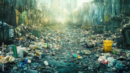 A desolate urban alleyway choked with overwhelming piles of diverse waste and discarded materials under a hazy sky, showcasing environmental neglect.