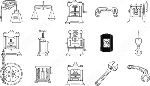 Detailed black and white illustrations of mechanical tools, industrial devices, engineering equipment, hydraulic presses, pulleys, clamps, and gears arranged in technical grid format