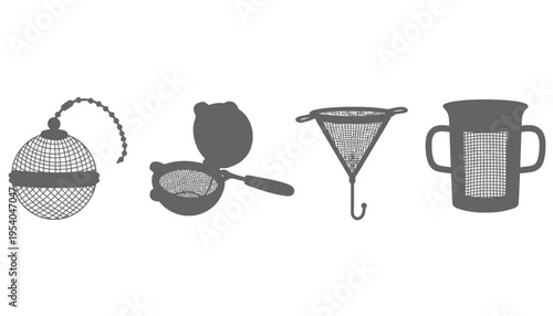 A set of kitchen strainer icons in gray silhouette illustration style