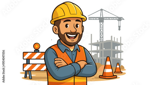 A construction worker wearing a yellow hard hat and orange vest standing confidently on a building site