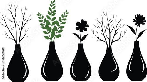Decorative vase silhouettes with plants and flowers, minimalist home decor illustration, modern interior design elements, botanical arrangement concept, black isolated objects, elegant floral display 