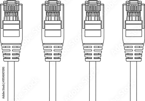 Detailed black and white line drawing illustration of multiple Ethernet RJ45 cable connectors with visible pins and locking tabs for networking and telecommunications infrastructure