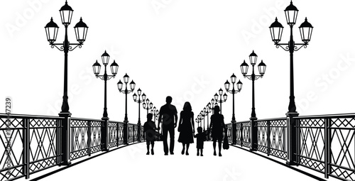 Family silhouettes walking on city bridge, urban street lamps perspective, people outdoor scene, travel and lifestyle concept, black isolated illustration, architecture walkway design background