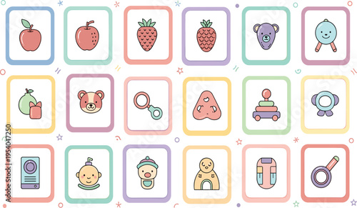 Cute Baby Learning Cards Vector Set with Fruits, Toys, Animals, Objects, and Flashcard Icons for Preschool Education and Kids Activity Design.