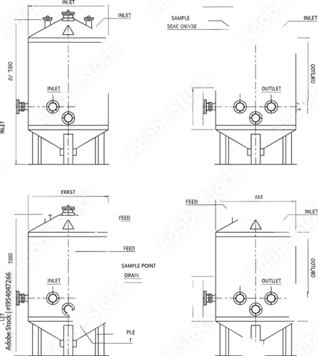 Detailed technical engineering drawings of industrial cylindrical process tanks with inlet, outlet, feed, sample, drain, and vent ports supported by conical bases and legs