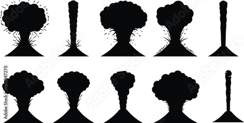 volcano, eruption, silhouette, vector, icon, lava, ash, smoke, mountain, crater, geology, nature, disaster, explosion, plume, cloud, design, art, graphic, illustration, pattern