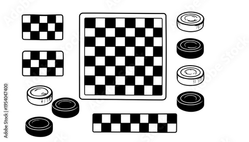 A checkers board and pieces in a simple vector illustration style