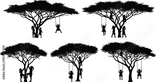Tree silhouettes with children playing and swinging, nature scene collection, outdoor activity concept, family and childhood moments, black and white vector illustration, peaceful landscape design