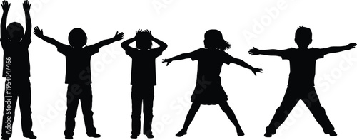 Children silhouettes set in playful poses, kids standing jumping and stretching, active childhood concept, fun and movement collection, black and white vector illustration, joyful activity scene