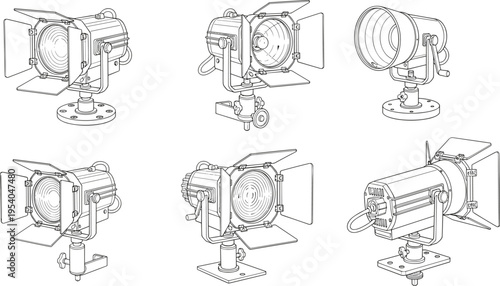 Detailed technical line drawings of professional studio and stage lighting equipment with barn doors, lenses, and mounting brackets for film, photography, and theater production planning.
