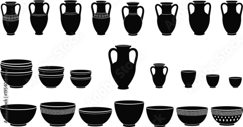 Ceramic pottery silhouettes collection, traditional vases bowls and jars set, decorative craft objects, ancient and modern kitchenware, black and white vector illustration, artisan design elements