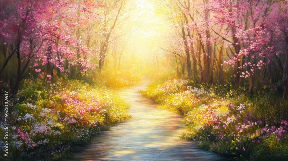 Fototapeta premium A sun-drenched forest path lined with vibrant pink blossoms and colorful wildflowers