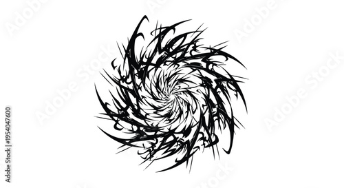 A spiral tribal art design with black swirling lines on a white background conveying a dynamic and abstract mood