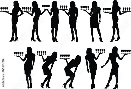 Waitress silhouettes set carrying tray with drinks, serving poses collection, hospitality service concept, bar and restaurant staff, elegant female figures, black and white vector illustration