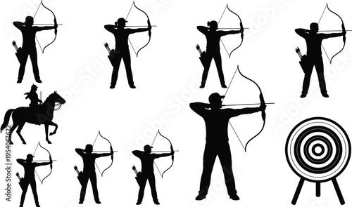 Archery silhouettes set, archer aiming bow and arrow, target practice concept, hunting and sport activity, black and white vector illustration collection, dynamic shooting poses