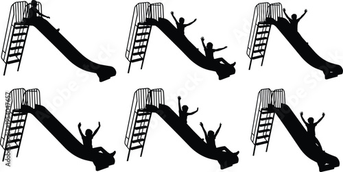 Children playground slide sequence, kid sliding motion stages, silhouette illustration, playful activity concept, movement progression, outdoor fun, childhood recreation, black and white vector design