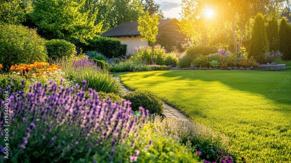 Obraz premium A meticulously designed garden with lush landscaping and vibrant flowers under warm sunlight, inviting tranquility and natural beauty.