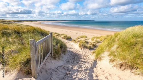 A sandy pathway through coastal dunes leads to a serene beach with gentle ocean waves under a bright sky