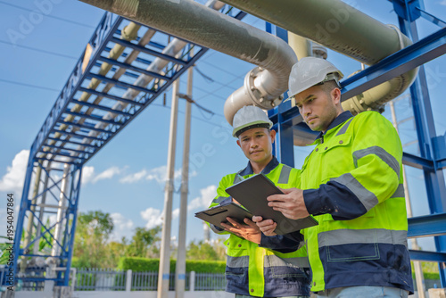 Industry specialists inspect massive piping at a gas-fired power plant integrated with a petroleum and oil refinery complex, focusing on maintenance for energy generation safety and efficiency.